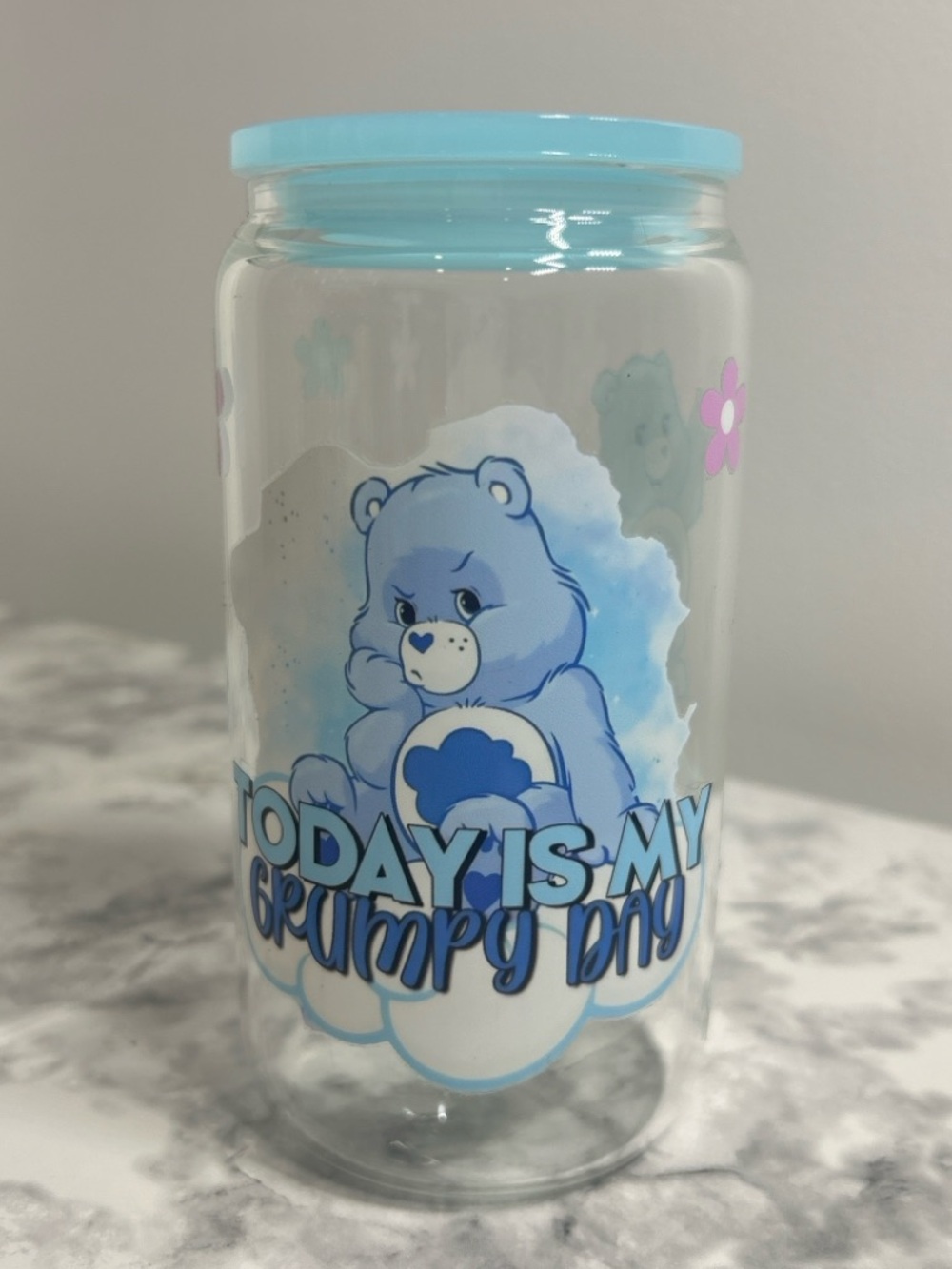 Care Bears Grumpy Bear 16oz Glass Cup w/ Blue Lid Cute Kawaii Aesthetic Tumbler